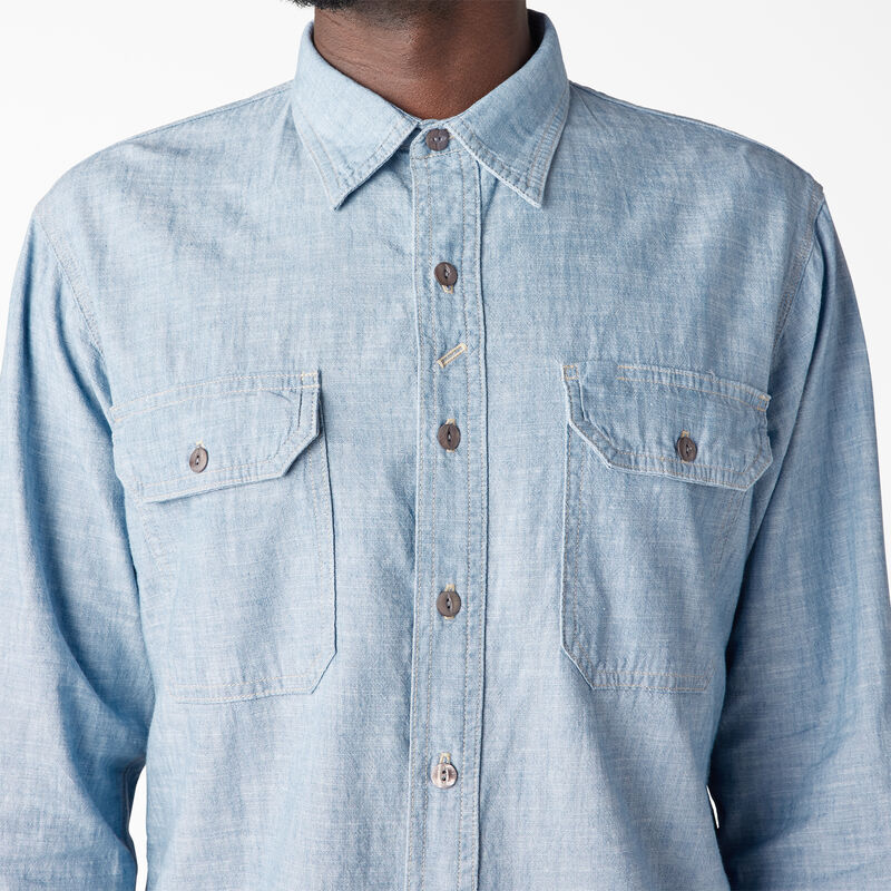 Dickies 1922 Long Sleeve Work Shirt Bleach Blue Chambray ID-8A2KQ0nv