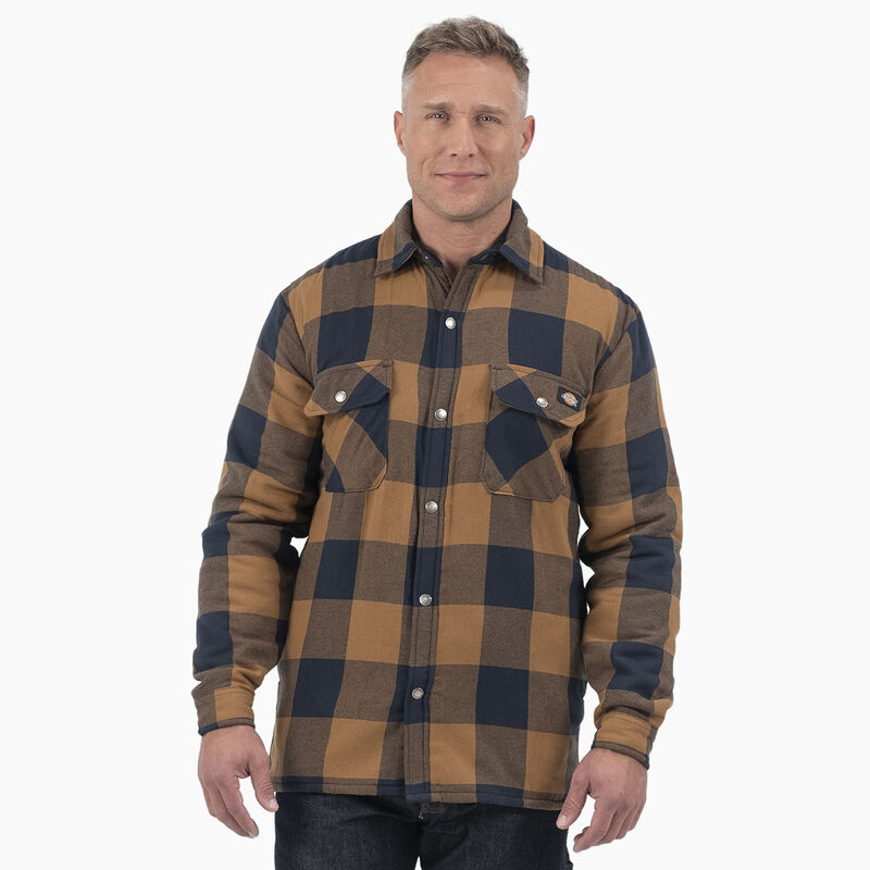 Dickies Water Repellent Fleece-Lined Flannel Shirt Jacket Brown Duck/Navy Buffalo Plaid ID-9I4WlhoN