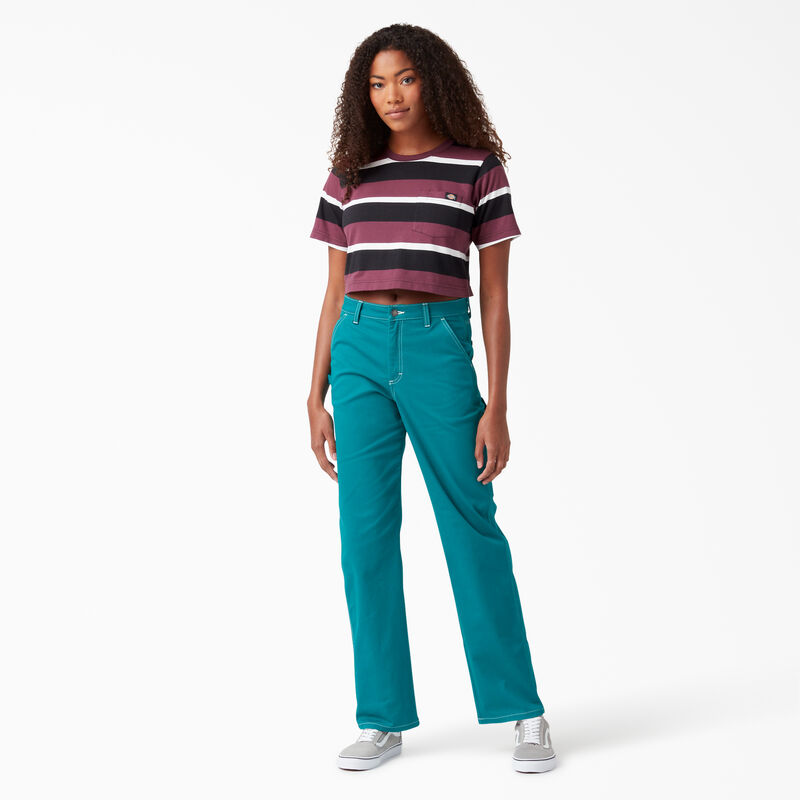 Dickies Striped Cropped Pocket T-Shirt Wine Collegiate Stripe ID-BQjsSzgi