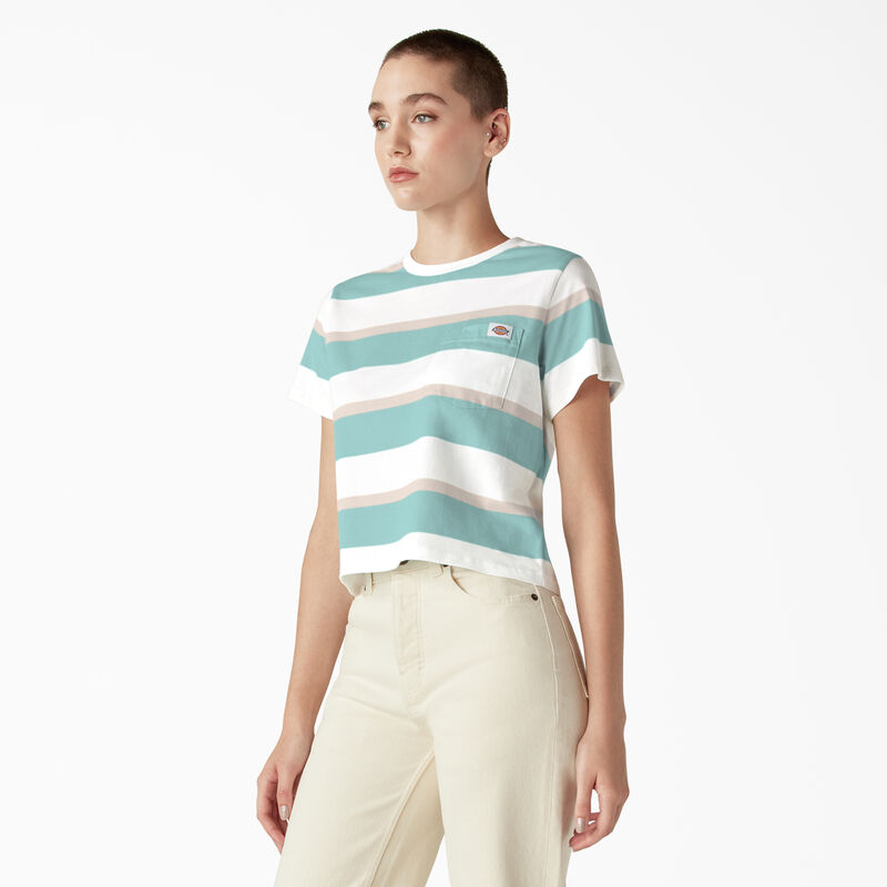 Dickies Large Striped Cropped Pocket T-Shirt Pastel Turquoise Stripe ID-EzvmDAku