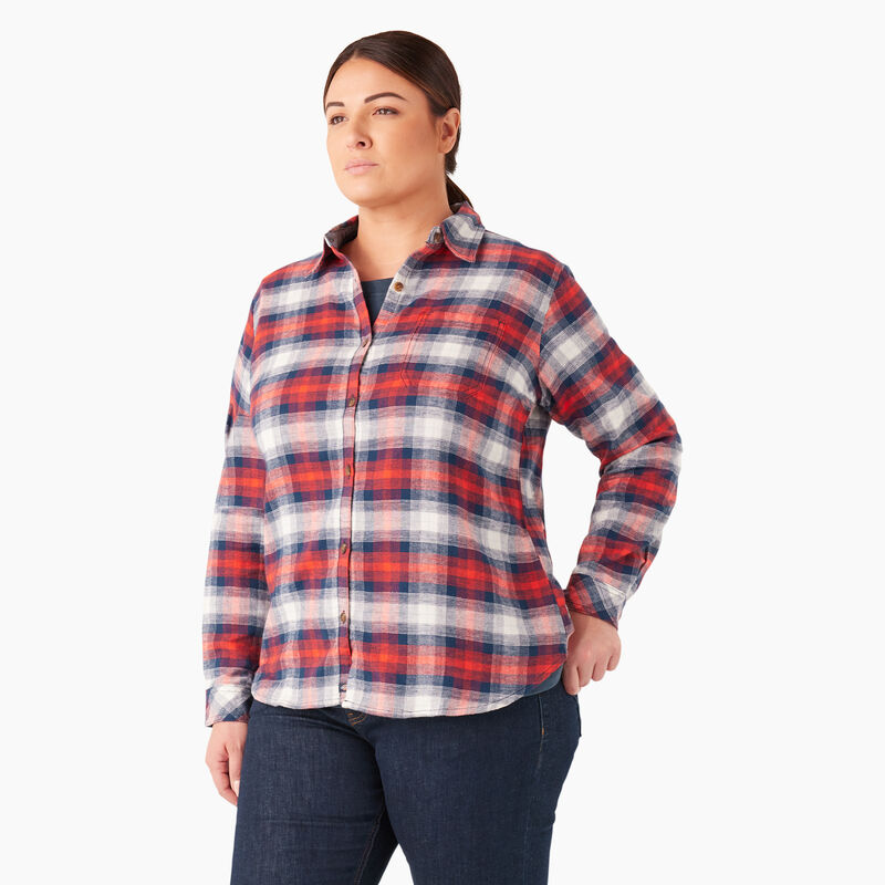 Dickies Plus Long Sleeve Plaid Flannel Shirt Molten Lava/Navy Ombre Plaid ID-FvfGGuLw