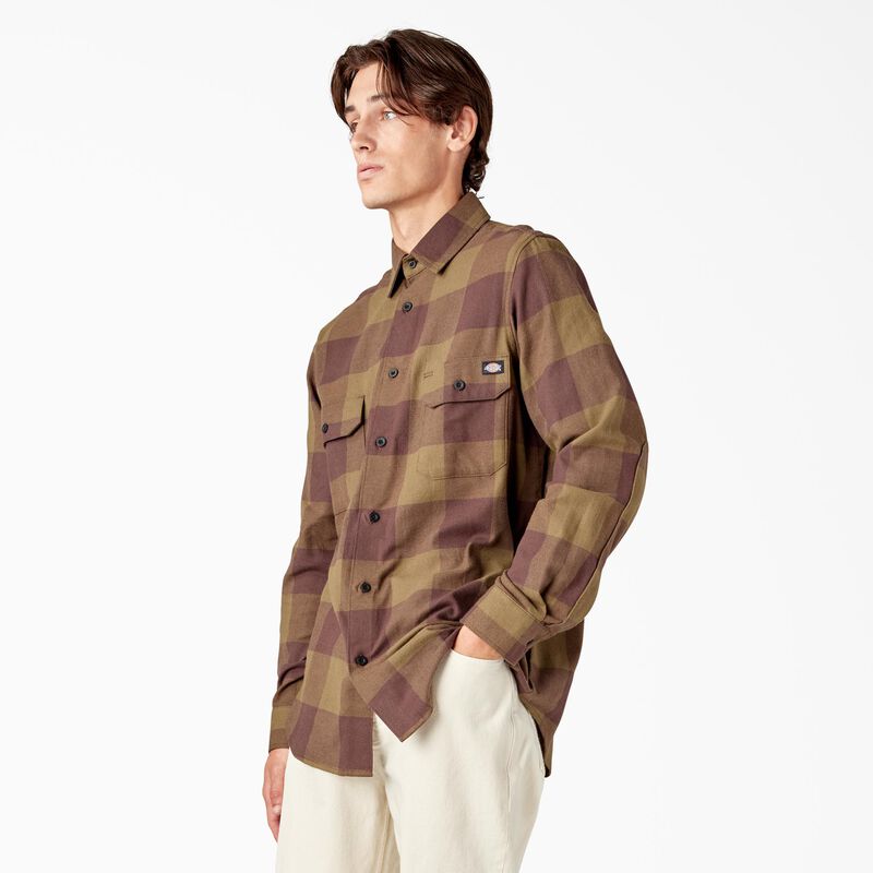 Dickies Long Sleeve Flannel Shirt Dark Olive Buffalo Plaid ID-LfIzlJmN