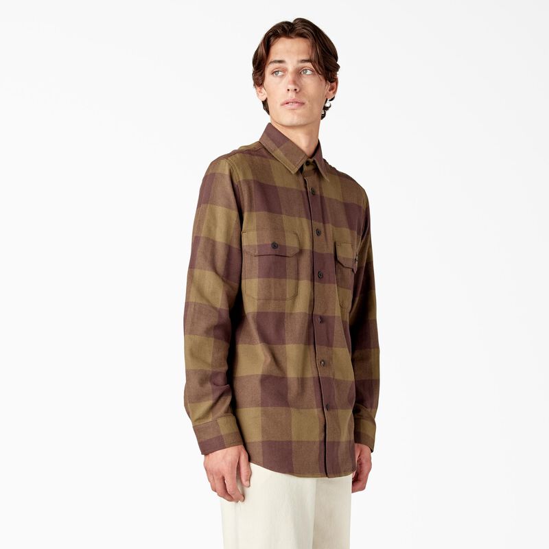 Dickies Long Sleeve Flannel Shirt Dark Olive Buffalo Plaid ID-LfIzlJmN