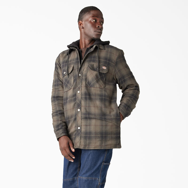 Dickies Water Repellent Flannel Hooded Shirt Jacket Moss/Chocolate Ombre Plaid ID-VGJIeEaM