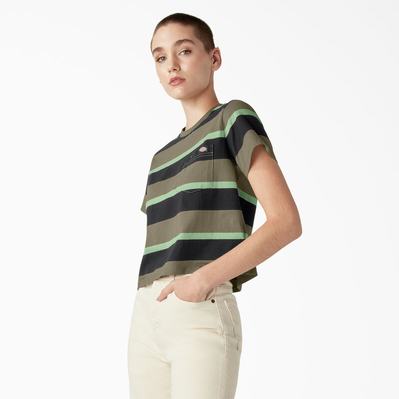 Dickies Large Striped Cropped Pocket T-Shirt Imperial Green Stripe ID-ViJJrN1s