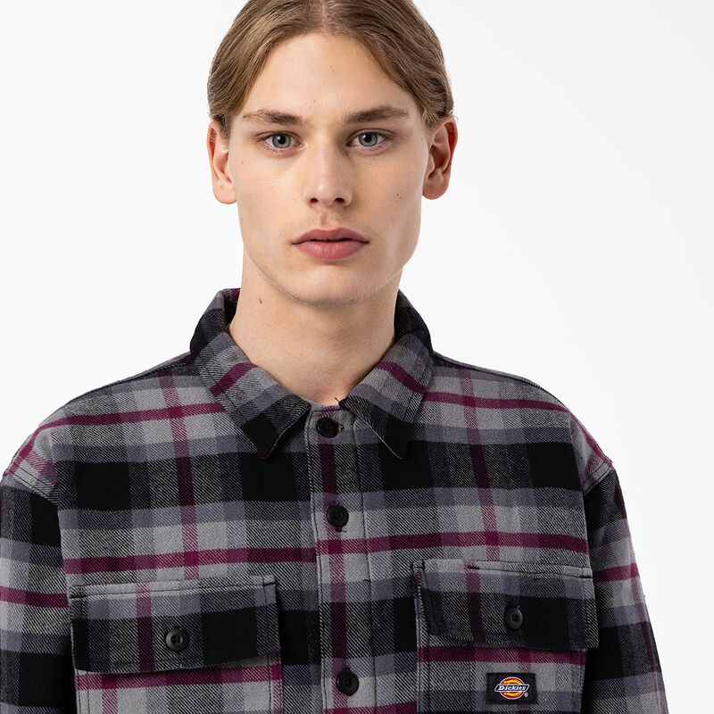 Dickies Flannel Quilted Lined Shirt Jacket Black Wine Grey Plaid ID-ZS8gjqWB