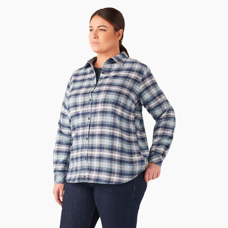 Dickies Plus Long Sleeve Plaid Flannel Shirt Clear Blue/Navy Ombre Plaid ID-lnusQgK0