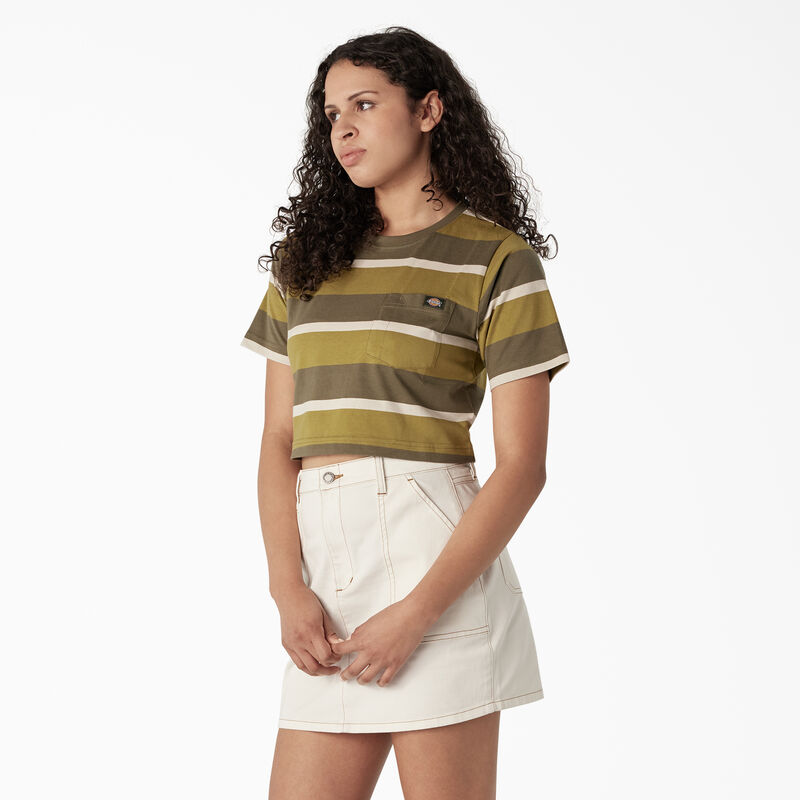 Dickies Striped Cropped Pocket T-Shirt Moss/Military Green Stripe ID-psqHvboB