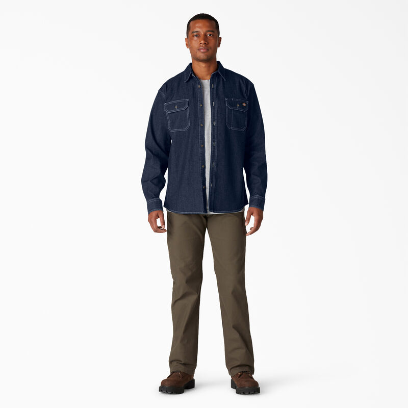 Dickies FLEX Denim Long Sleeve Shirt Dark Denim Wash ID-yGc6qK0u